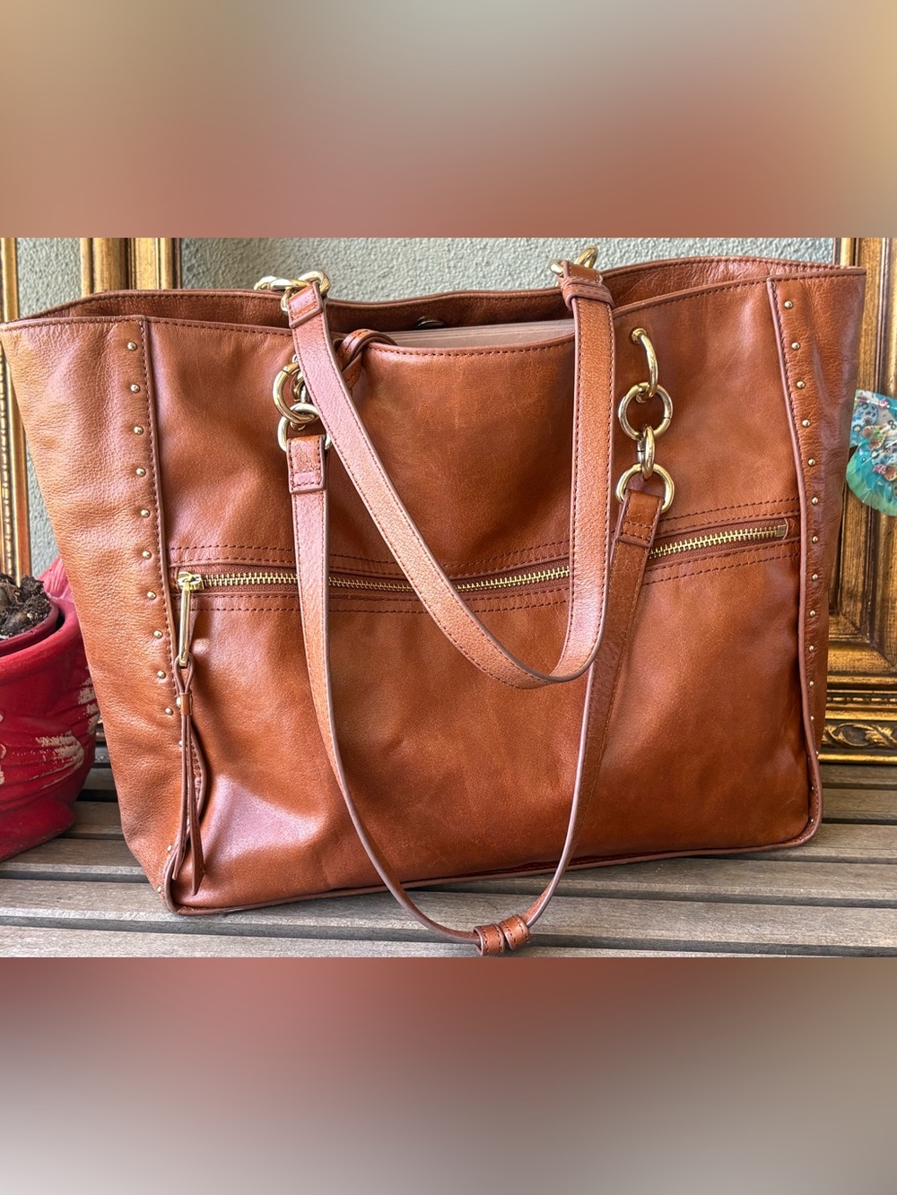 Women's Badgley Mishika Leather Tote Bag in Cognac Brown